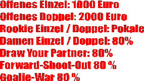 Offenes Einzel: 1000 Euro
Offenes Doppel: 2000 Euro
Rookie Einzel / Doppel: Pokale
Damen Einzel / Doppel: 80%
Draw Your Partner: 80% 
Forward-Shoot-Out 80 %
Goalie-War 80 %